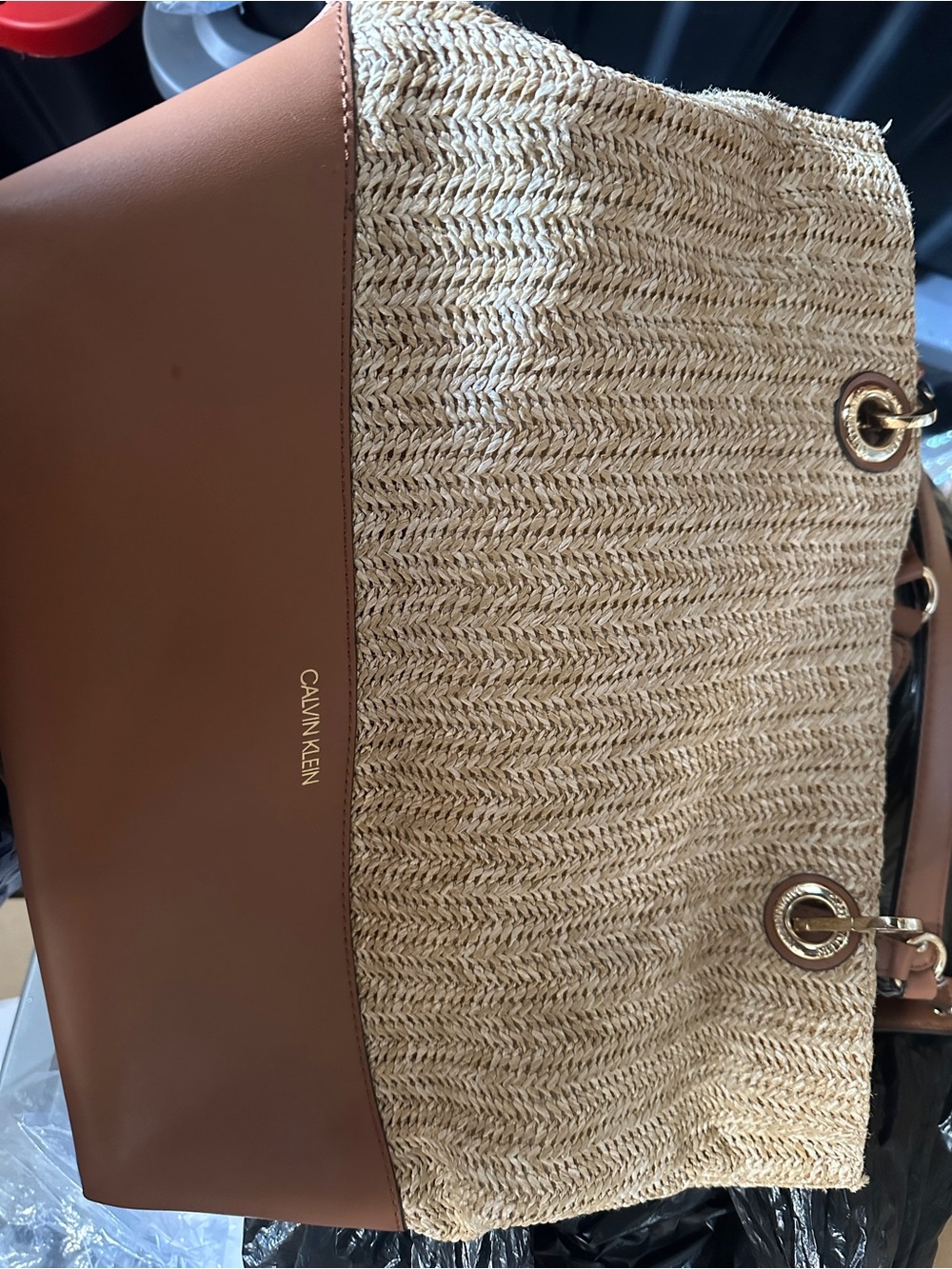 Calvin Klein Brown and Natural Straw Tote